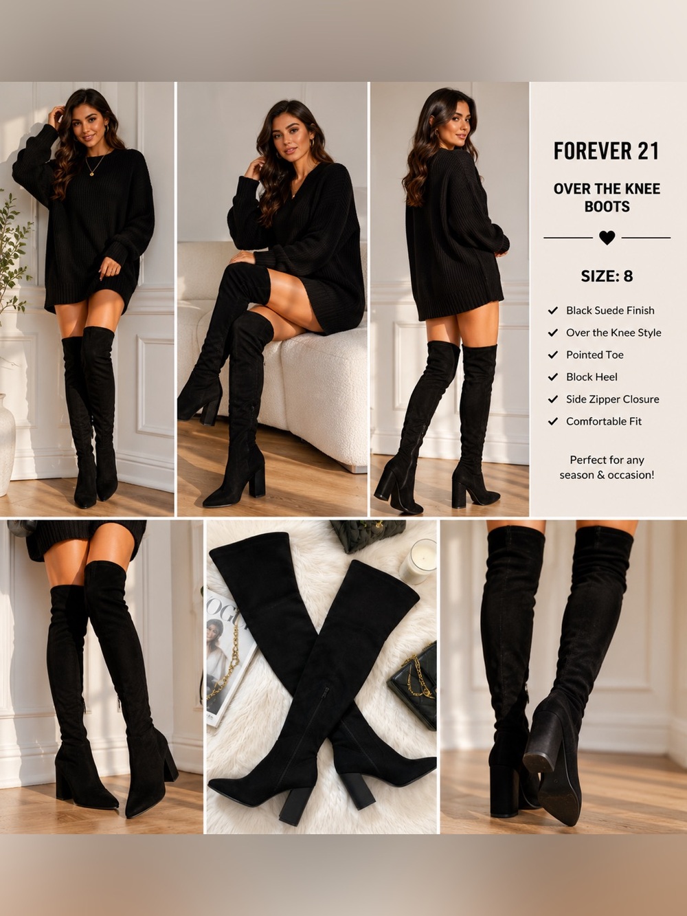Forever 21 Black Faux Suede Over The Knee Boots Block Heel Size 8